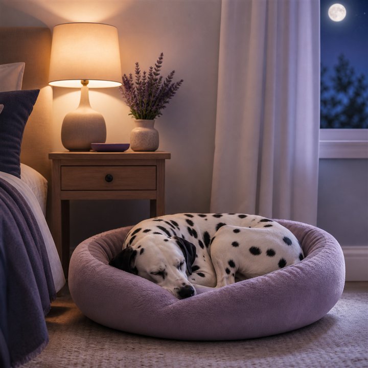 Dalmatian sleeping peacefully in a dog bed at night