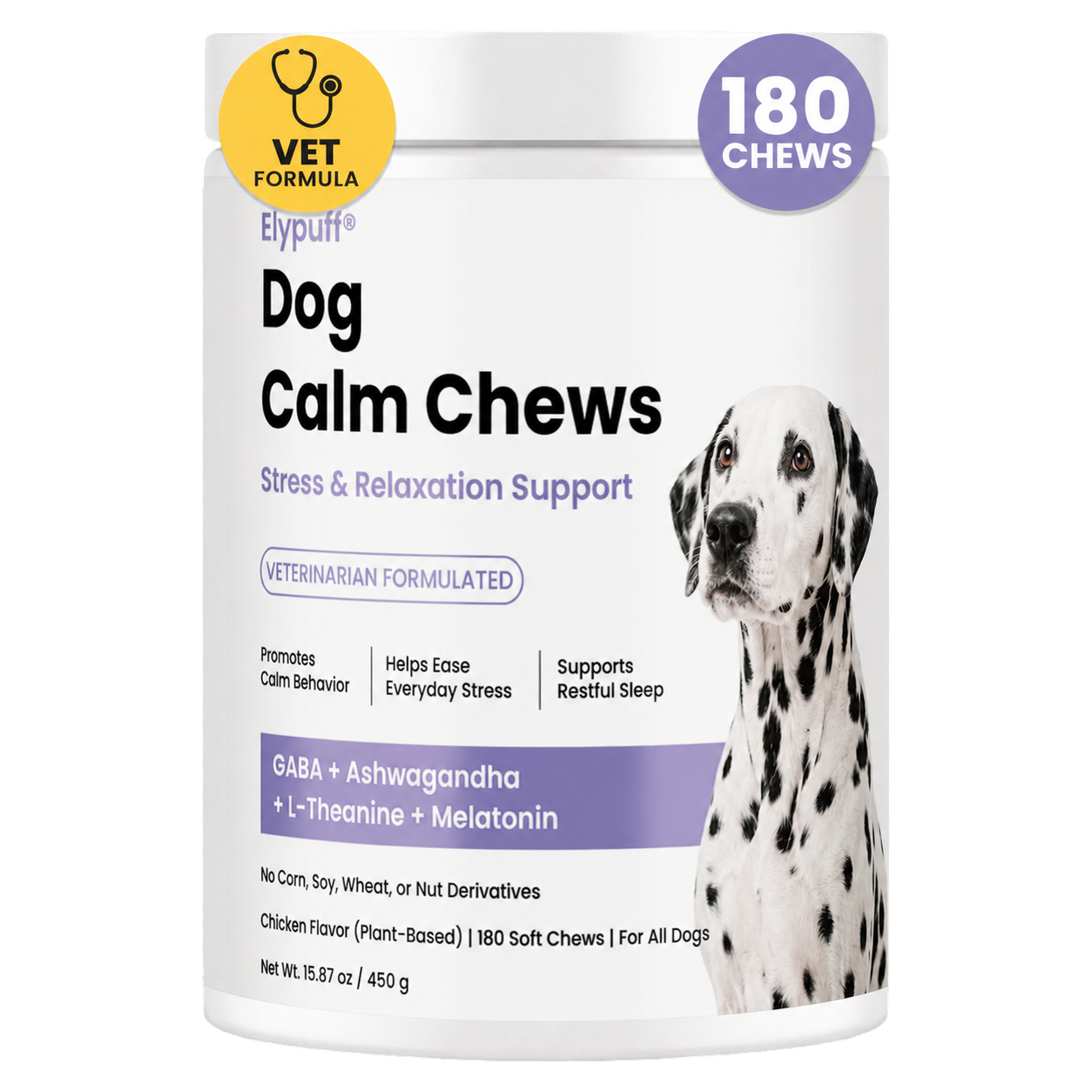 Elypuff Dog Calm Chews container, 180 soft chews